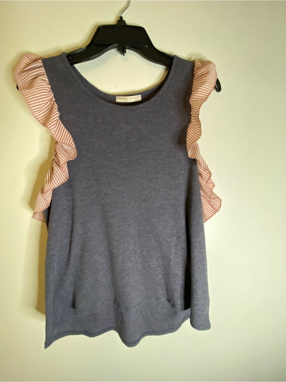 twenty second Blue Knit Tank with Pink Striped Ruffle Sleeves